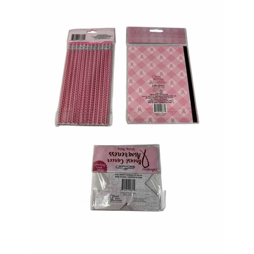 crown jewlz pink ribbon awareness office school stationary set pencils note pads